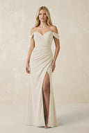 Off - the - Shoulder Sheath Chiffon Ruched Bridesmaid Dress in Dove Gray - KissProm Bridesmaid Dresses