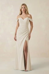 Off - the - Shoulder Sheath Chiffon Ruched Bridesmaid Dress in Dove Gray - KissProm Bridesmaid Dresses