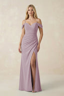 Off - the - Shoulder Sheath Chiffon Ruched Bridesmaid Dress in Dusk - KissProm Bridesmaid Dresses