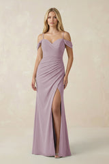 Off - the - Shoulder Sheath Chiffon Ruched Bridesmaid Dress in Dusk - KissProm Bridesmaid Dresses