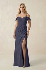 Off - the - Shoulder Sheath Chiffon Ruched Bridesmaid Dress in Dusk Blue - KissProm Bridesmaid Dresses