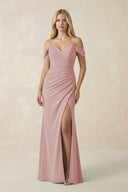 Off - the - Shoulder Sheath Chiffon Ruched Bridesmaid Dress in Dusty Rose - KissProm Bridesmaid Dresses