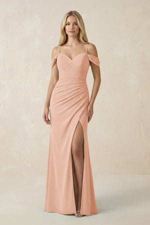 Off - the - Shoulder Sheath Chiffon Ruched Bridesmaid Dress in English Rose - KissProm Bridesmaid Dresses