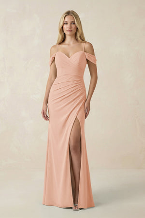 Off - the - Shoulder Sheath Chiffon Ruched Bridesmaid Dress in English Rose - KissProm Bridesmaid Dresses