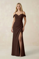 Off - the - Shoulder Sheath Chiffon Ruched Bridesmaid Dress in Espresso - KissProm Bridesmaid Dresses