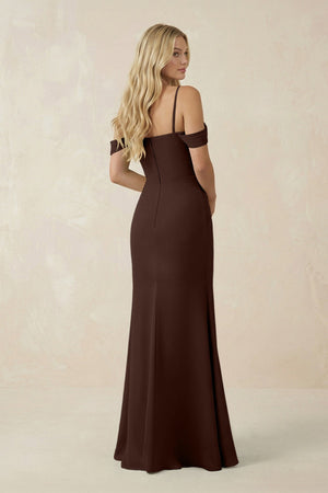 Off - the - Shoulder Sheath Chiffon Ruched Bridesmaid Dress in Espresso - KissProm Bridesmaid Dresses