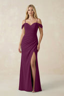Off - the - Shoulder Sheath Chiffon Ruched Bridesmaid Dress in Fig - KissProm Bridesmaid Dresses