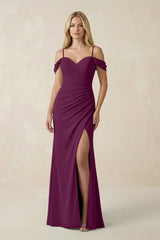 Off - the - Shoulder Sheath Chiffon Ruched Bridesmaid Dress in Fig - KissProm Bridesmaid Dresses