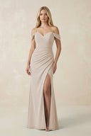 Off - the - Shoulder Sheath Chiffon Ruched Bridesmaid Dress in Frost - KissProm Bridesmaid Dresses