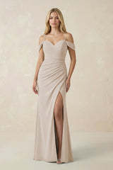 Off - the - Shoulder Sheath Chiffon Ruched Bridesmaid Dress in Frost - KissProm Bridesmaid Dresses