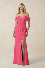 Off - the - Shoulder Sheath Chiffon Ruched Bridesmaid Dress in Fuchsia - KissProm Bridesmaid Dresses