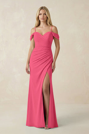 Off - the - Shoulder Sheath Chiffon Ruched Bridesmaid Dress in Fuchsia - KissProm Bridesmaid Dresses