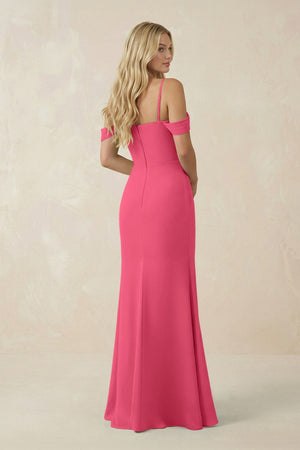 Off - the - Shoulder Sheath Chiffon Ruched Bridesmaid Dress in Fuchsia - KissProm Bridesmaid Dresses
