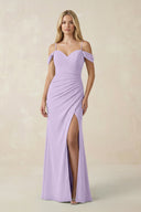 Off - the - Shoulder Sheath Chiffon Ruched Bridesmaid Dress in Lavender - KissProm Bridesmaid Dresses