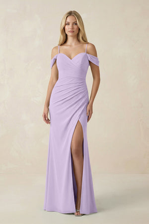 Off - the - Shoulder Sheath Chiffon Ruched Bridesmaid Dress in Lavender - KissProm Bridesmaid Dresses