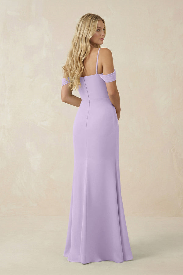 Off - the - Shoulder Sheath Chiffon Ruched Bridesmaid Dress in Lavender - KissProm Bridesmaid Dresses