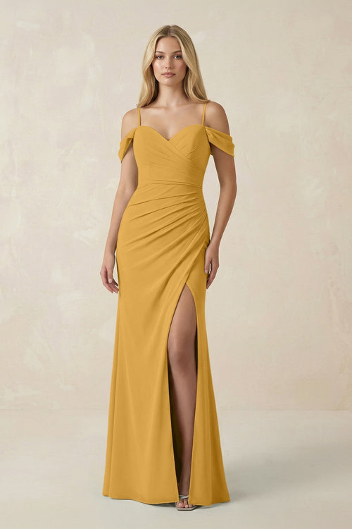 Off - the - Shoulder Sheath Chiffon Ruched Bridesmaid Dress in Marigold - KissProm Bridesmaid Dresses
