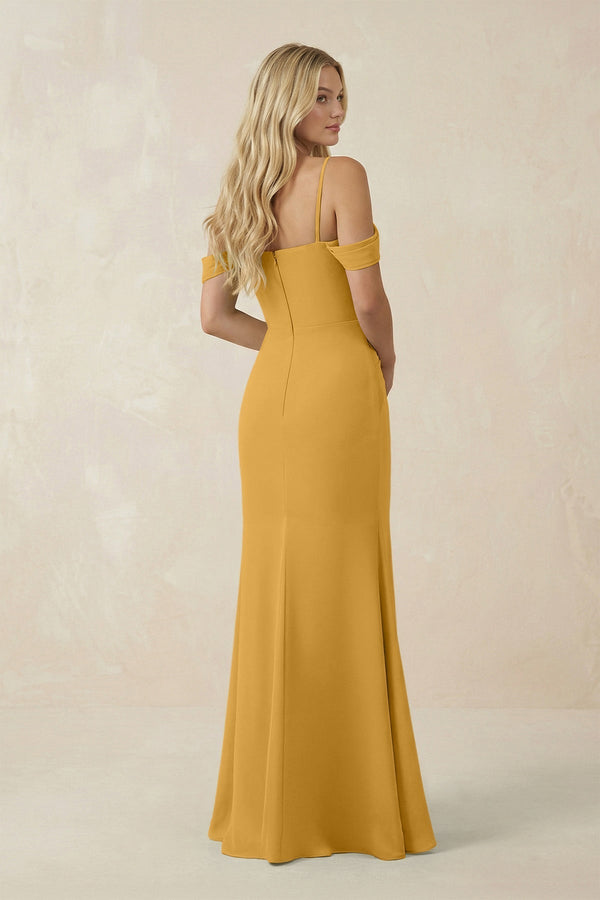 Off - the - Shoulder Sheath Chiffon Ruched Bridesmaid Dress in Marigold - KissProm Bridesmaid Dresses