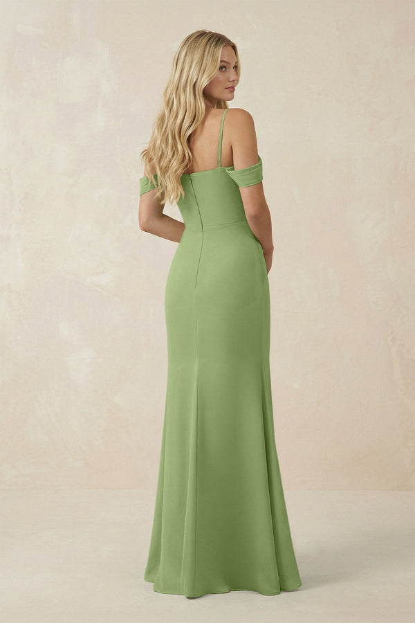 Off - the - Shoulder Sheath Chiffon Ruched Bridesmaid Dress in Matcha - KissProm Bridesmaid Dresses