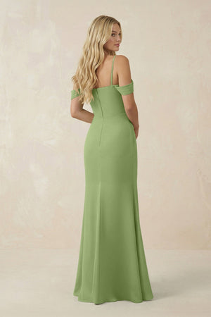 Off - the - Shoulder Sheath Chiffon Ruched Bridesmaid Dress in Matcha - KissProm Bridesmaid Dresses