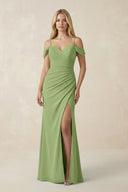 Off - the - Shoulder Sheath Chiffon Ruched Bridesmaid Dress in Matcha - KissProm Bridesmaid Dresses