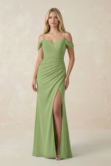 Off - the - Shoulder Sheath Chiffon Ruched Bridesmaid Dress in Matcha - KissProm Bridesmaid Dresses