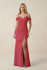Off - the - Shoulder Sheath Chiffon Ruched Bridesmaid Dress in Merlot - KissProm Bridesmaid Dresses