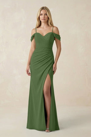 Off - the - Shoulder Sheath Chiffon Ruched Bridesmaid Dress in Moss - KissProm Bridesmaid Dresses