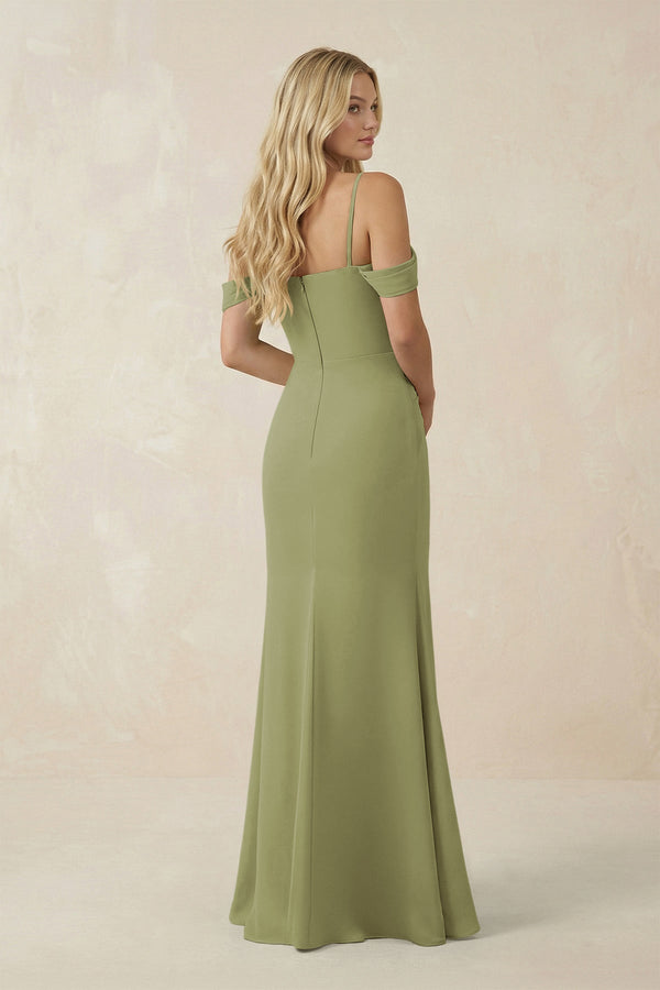 Off - the - Shoulder Sheath Chiffon Ruched Bridesmaid Dress in Moss Green - KissProm Bridesmaid Dresses
