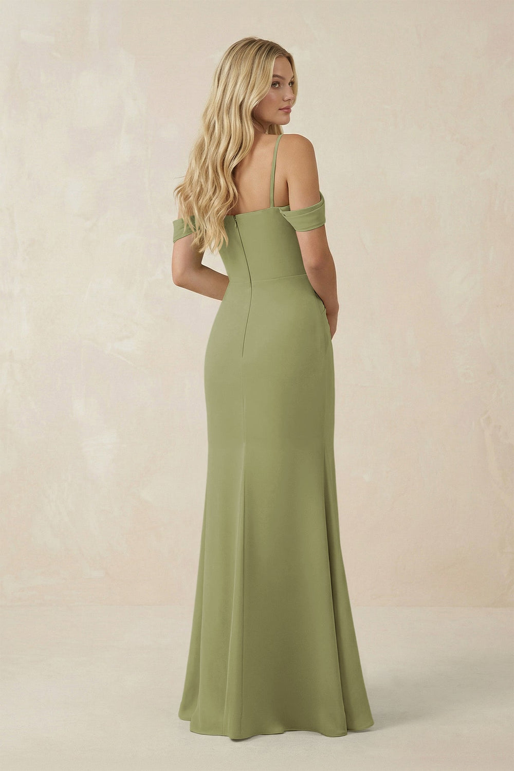 Off - the - Shoulder Sheath Chiffon Ruched Bridesmaid Dress in Moss Green - KissProm Bridesmaid Dresses