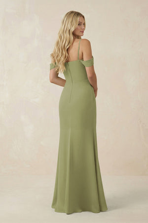 Off - the - Shoulder Sheath Chiffon Ruched Bridesmaid Dress in Moss Green - KissProm Bridesmaid Dresses