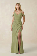 Off - the - Shoulder Sheath Chiffon Ruched Bridesmaid Dress in Moss Green - KissProm Bridesmaid Dresses