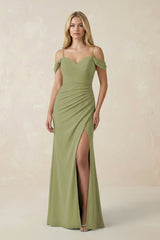 Off - the - Shoulder Sheath Chiffon Ruched Bridesmaid Dress in Moss Green - KissProm Bridesmaid Dresses