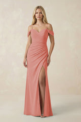 Off - the - Shoulder Sheath Chiffon Ruched Bridesmaid Dress in Mulberry - KissProm Bridesmaid Dresses