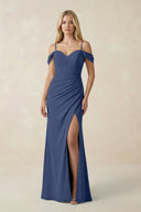 Off - the - Shoulder Sheath Chiffon Ruched Bridesmaid Dress in Navy - KissProm Bridesmaid Dresses