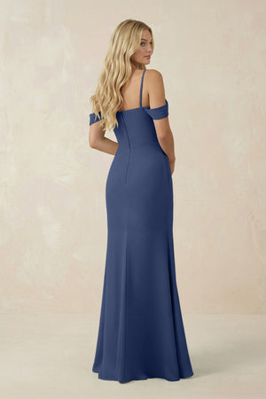 Off - the - Shoulder Sheath Chiffon Ruched Bridesmaid Dress in Navy - KissProm Bridesmaid Dresses
