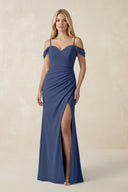 Off - the - Shoulder Sheath Chiffon Ruched Bridesmaid Dress in Navy - KissProm Bridesmaid Dresses