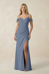 Off - the - Shoulder Sheath Chiffon Ruched Bridesmaid Dress in Neptune - KissProm Bridesmaid Dresses