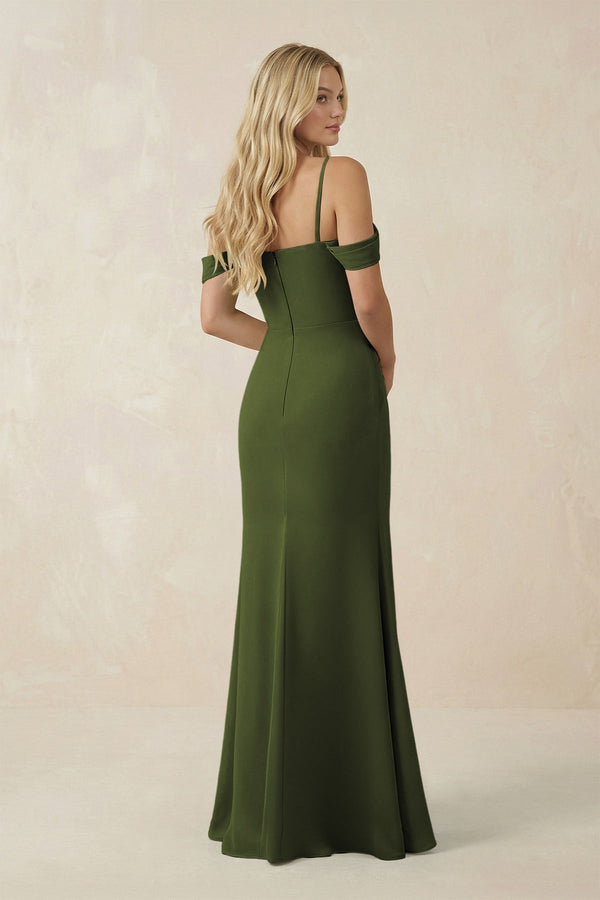 Off - the - Shoulder Sheath Chiffon Ruched Bridesmaid Dress in Olive - KissProm Bridesmaid Dresses
