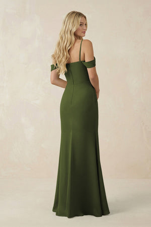 Off - the - Shoulder Sheath Chiffon Ruched Bridesmaid Dress in Olive - KissProm Bridesmaid Dresses