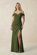 Off - the - Shoulder Sheath Chiffon Ruched Bridesmaid Dress in Olive - KissProm Bridesmaid Dresses