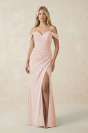 Off - the - Shoulder Sheath Chiffon Ruched Bridesmaid Dress in Pale Blush - KissProm Bridesmaid Dresses