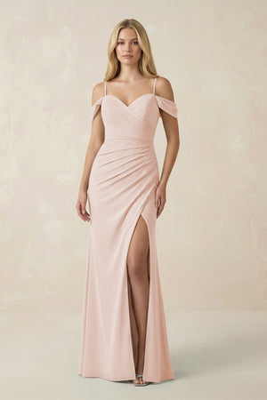Off - the - Shoulder Sheath Chiffon Ruched Bridesmaid Dress in Pale Blush - KissProm Bridesmaid Dresses
