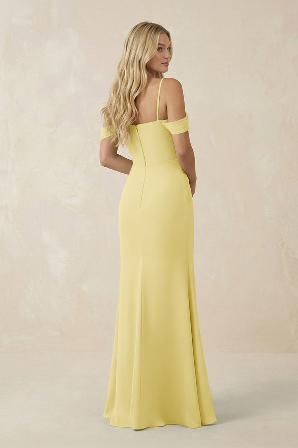 Off - the - Shoulder Sheath Chiffon Ruched Bridesmaid Dress in Pastel Yellow - KissProm Bridesmaid Dresses