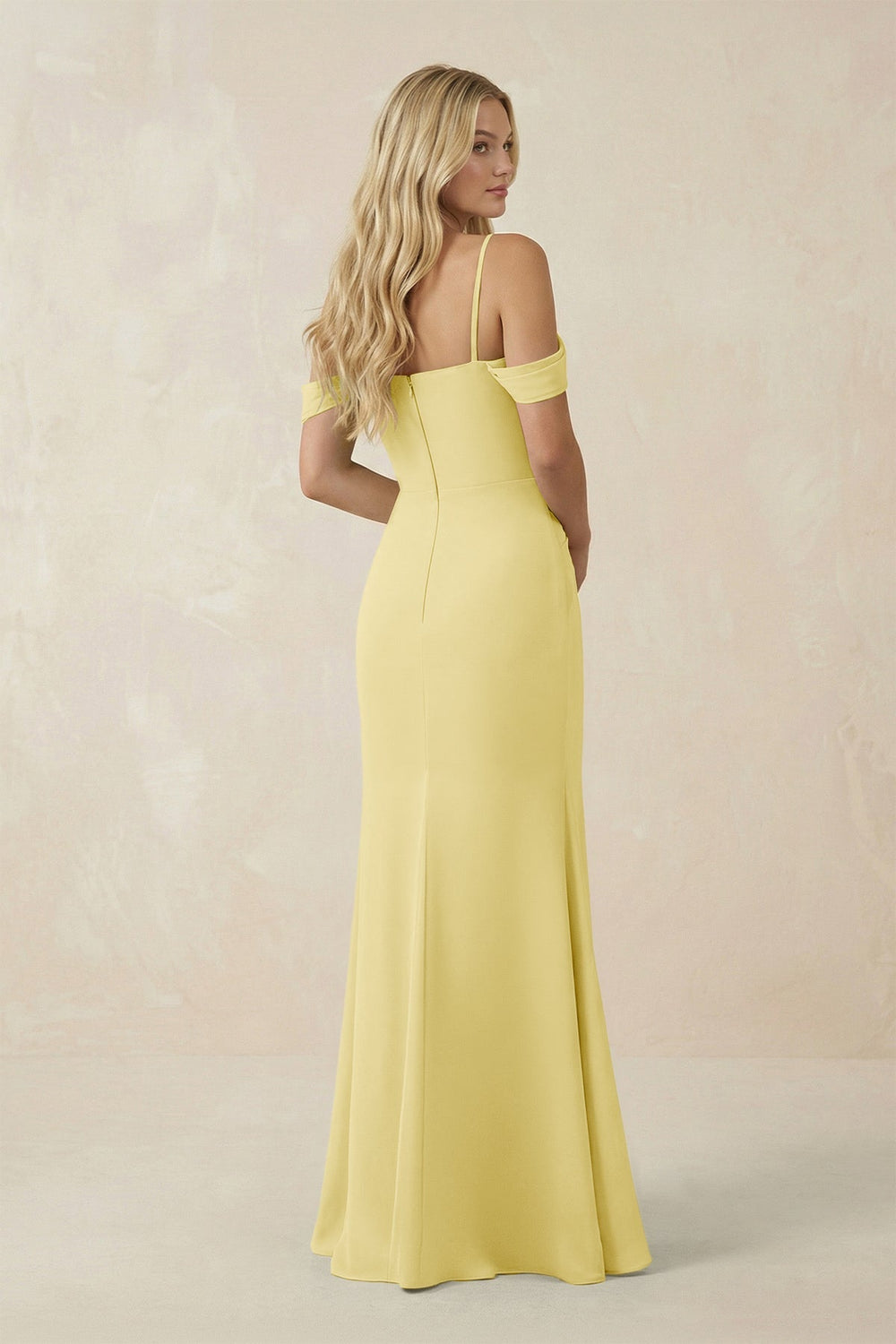 Off - the - Shoulder Sheath Chiffon Ruched Bridesmaid Dress in Pastel Yellow - KissProm Bridesmaid Dresses