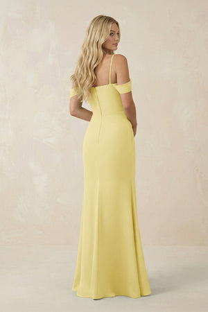 Off - the - Shoulder Sheath Chiffon Ruched Bridesmaid Dress in Pastel Yellow - KissProm Bridesmaid Dresses
