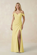 Off - the - Shoulder Sheath Chiffon Ruched Bridesmaid Dress in Pastel Yellow - KissProm Bridesmaid Dresses