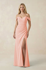 Off - the - Shoulder Sheath Chiffon Ruched Bridesmaid Dress in Rose Petal - KissProm Bridesmaid Dresses
