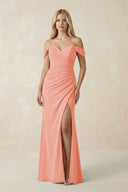 Off - the - Shoulder Sheath Chiffon Ruched Bridesmaid Dress in Rosette - KissProm Bridesmaid Dresses