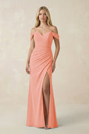 Off - the - Shoulder Sheath Chiffon Ruched Bridesmaid Dress in Rosette - KissProm Bridesmaid Dresses